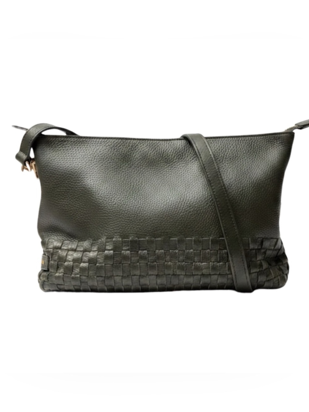 Cole Haan Black Leather Crossbody Bag with Woven Trim and Gold Hardware